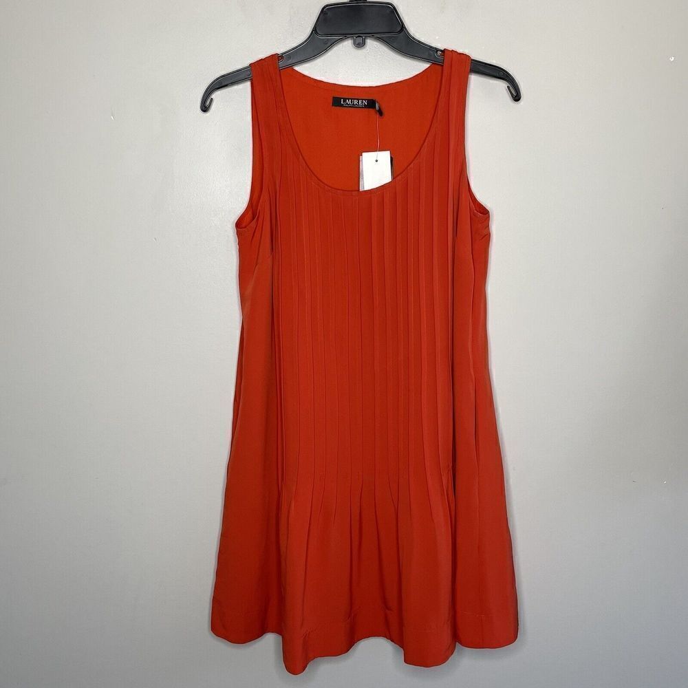 LAUREN Ralph Lauren Womens Orange Red Sleeveless Pintuck Pleated Dress NEW Sz 2
